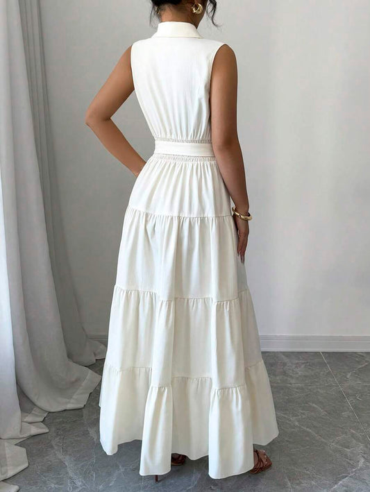 Dames V-hals knoop taille riem lange jurk