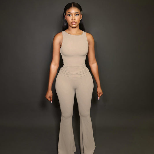 Sculpt & Flare Jumpsuit – Taupe Naadloos Stretchpak